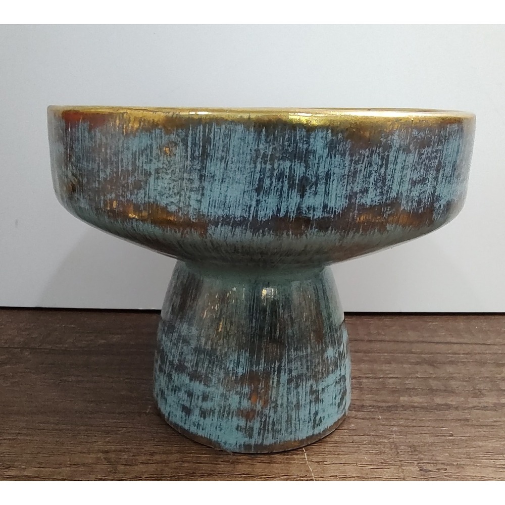 Modernist Ceramic Candle Holder Teal Gold Trim S15